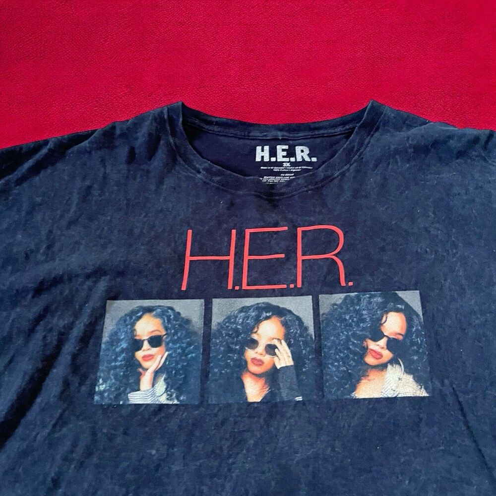 Women's H.E.R Tour Shirt Acid Wash Tee Black Gray Size 3X Music 2018 Licensed